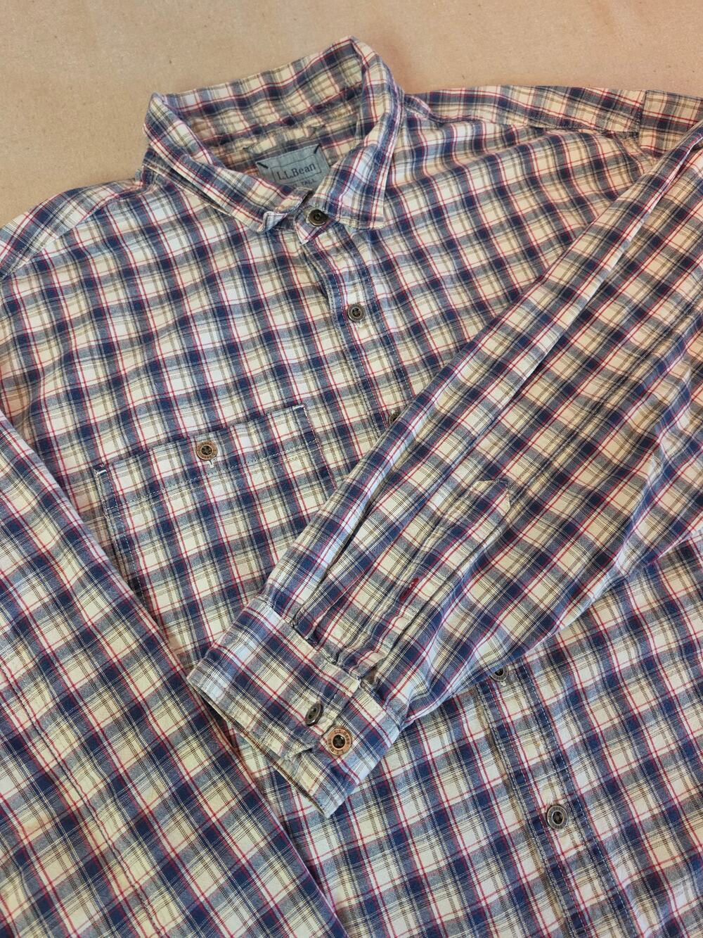 LL Bean Blue White Red Plaid Double-Pocket Long-Sleeve Button-Up Sz 2XLT